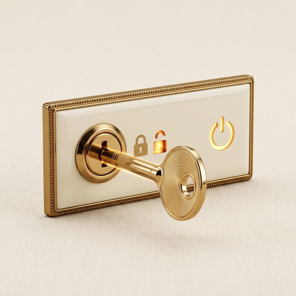 A gold key turned in the lock of an ivory panel. The open padlock and the power light are lit.